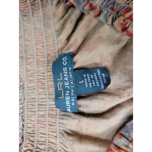 LRL Lauren Jeans Co. Woman L Tan Floral Top Off the Shoulder Elastic Peasant LS - Picture 6 of 10